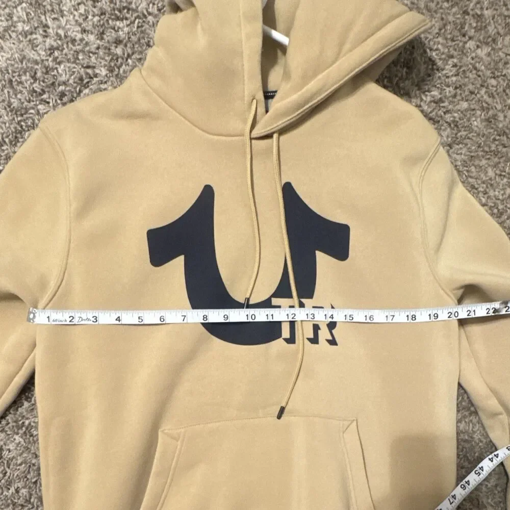 True Religion Men's L Beige Pullover Hoodie Logo Graphic Print Pockets